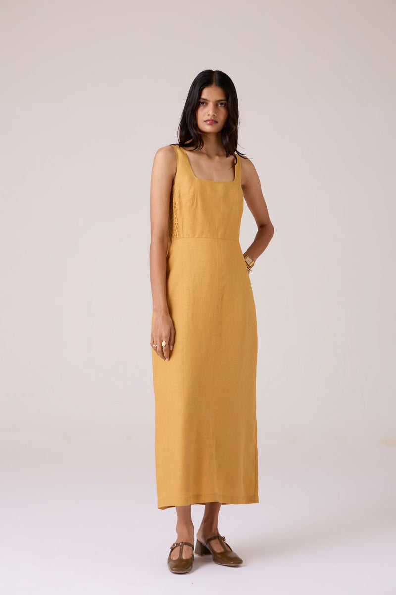Glasswing Mustard Linen Dress linen by The Summer House in mustard color for women in Singapore