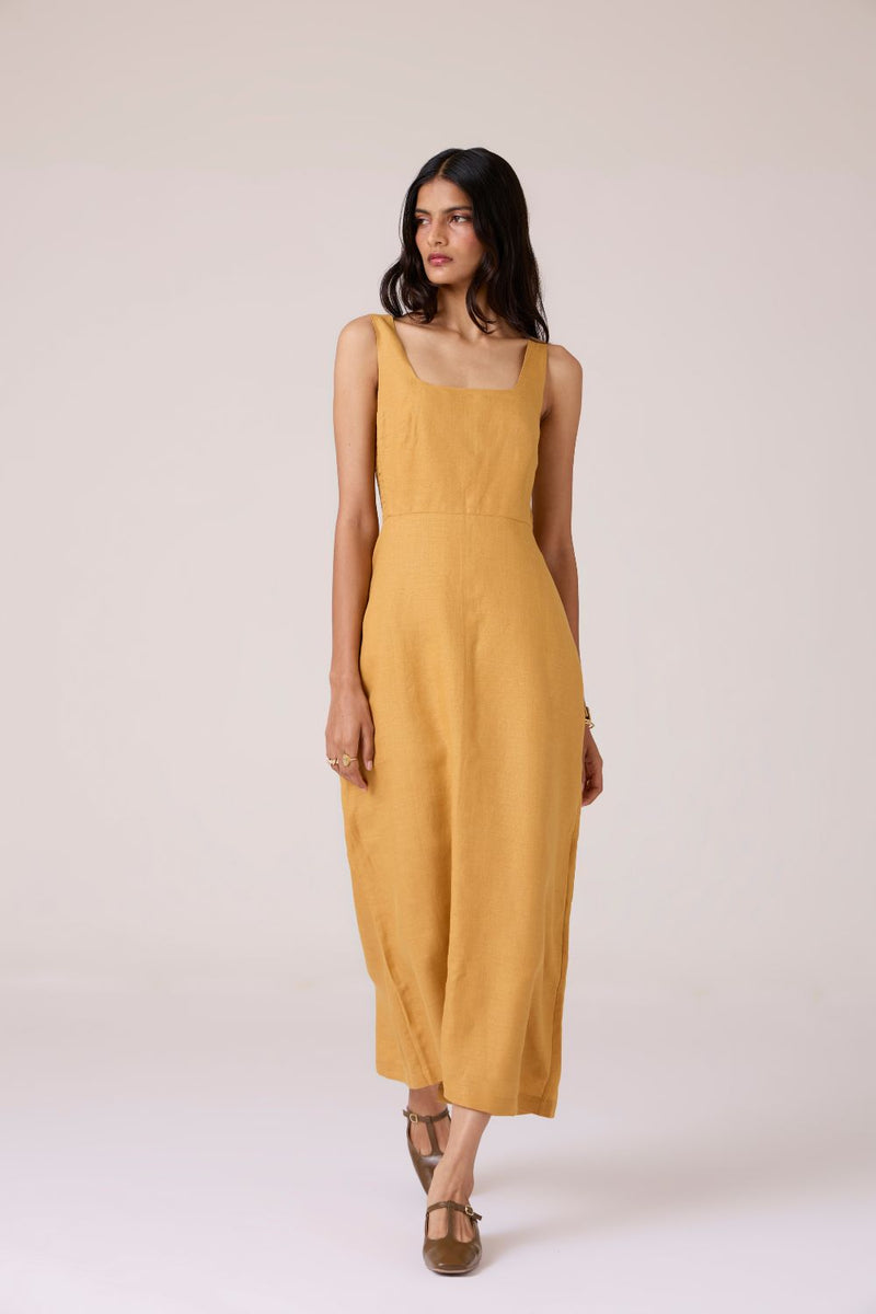 Glasswing Mustard Linen Dress linen by The Summer House in mustard color for women in Singapore