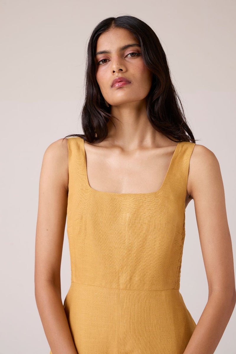 Glasswing Mustard Linen Dress linen by The Summer House in mustard color for women in Singapore