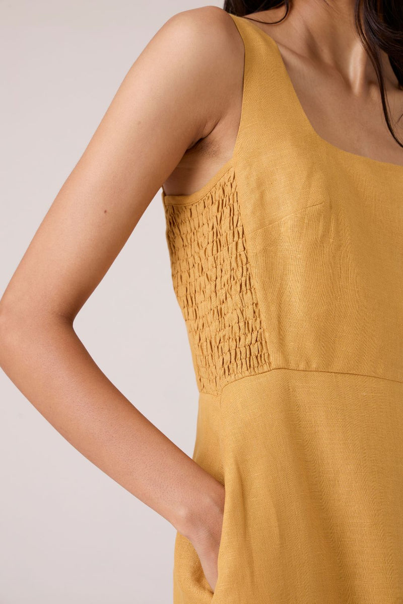Glasswing Mustard Linen Dress linen by The Summer House in mustard color for women in Singapore