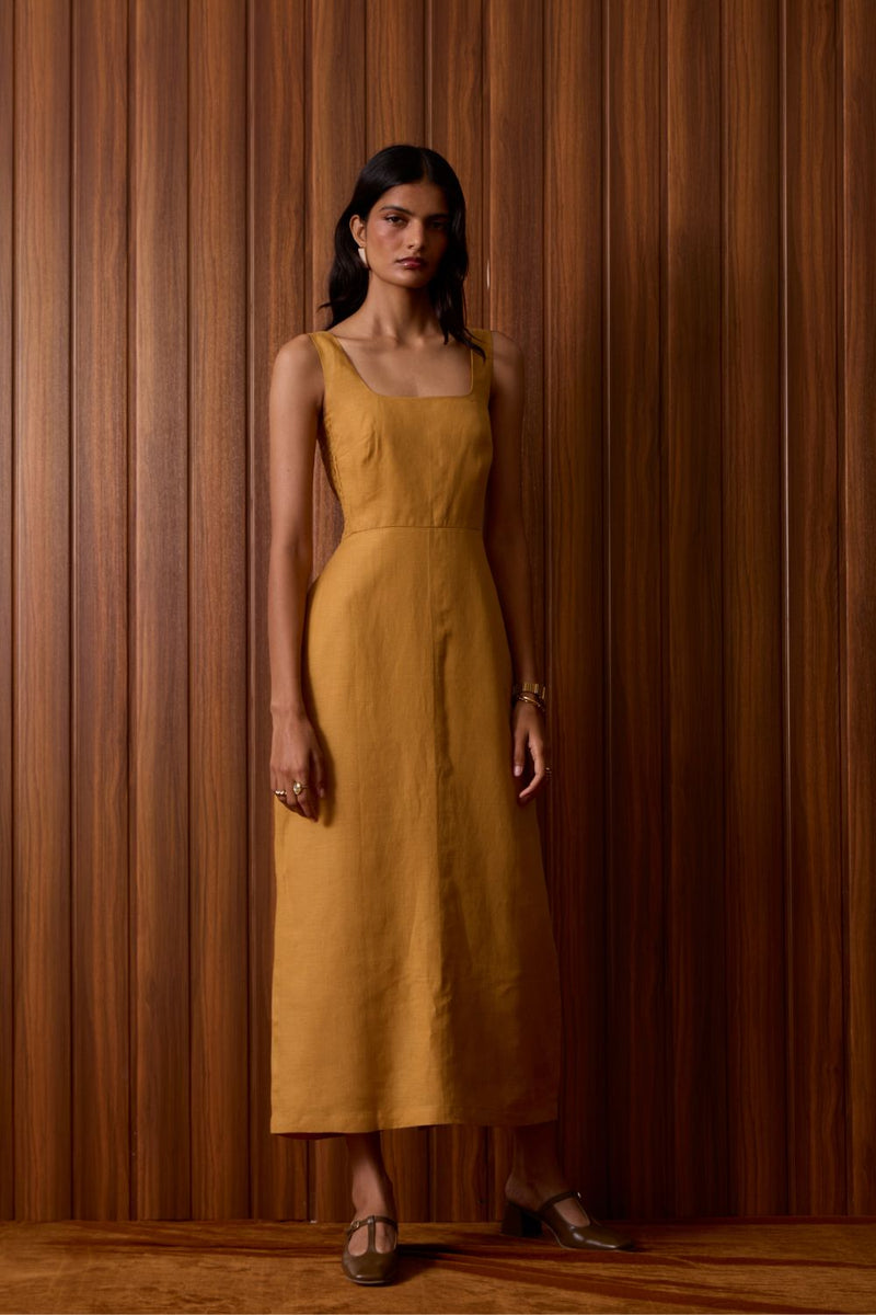Glasswing Mustard Linen Dress linen by The Summer House in mustard color for women in Singapore