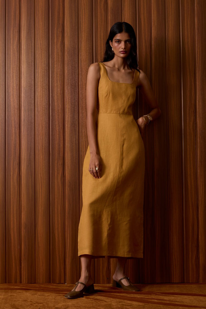 Glasswing Mustard Linen Dress linen by The Summer House in mustard color for women in Singapore