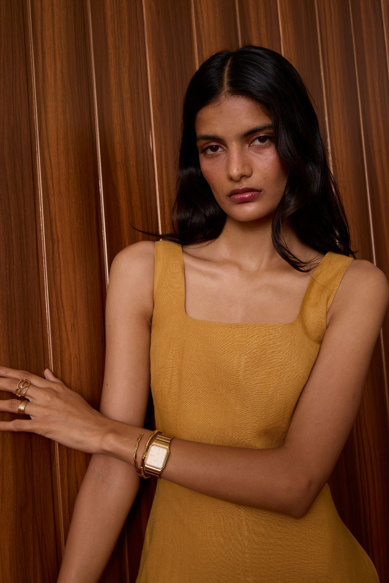 Glasswing Mustard Linen Dress linen by The Summer House in mustard color for women in Singapore