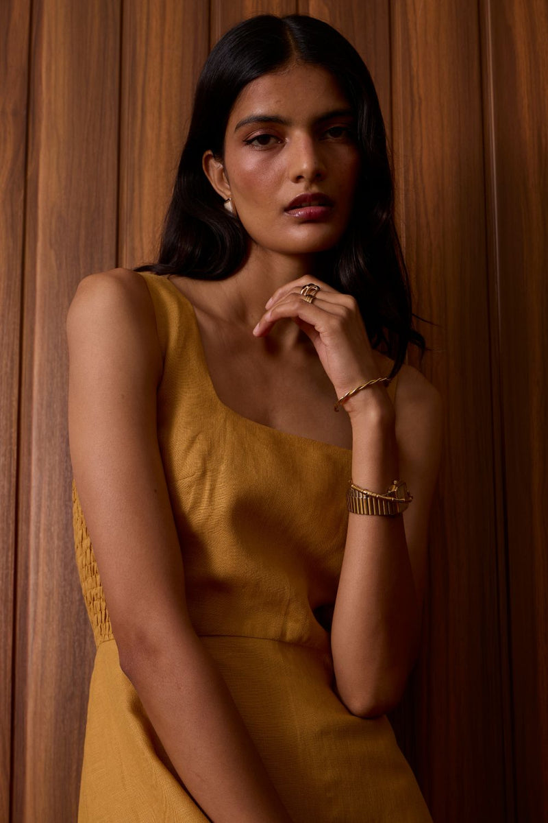 Glasswing Mustard Linen Dress linen by The Summer House in mustard color for women in Singapore