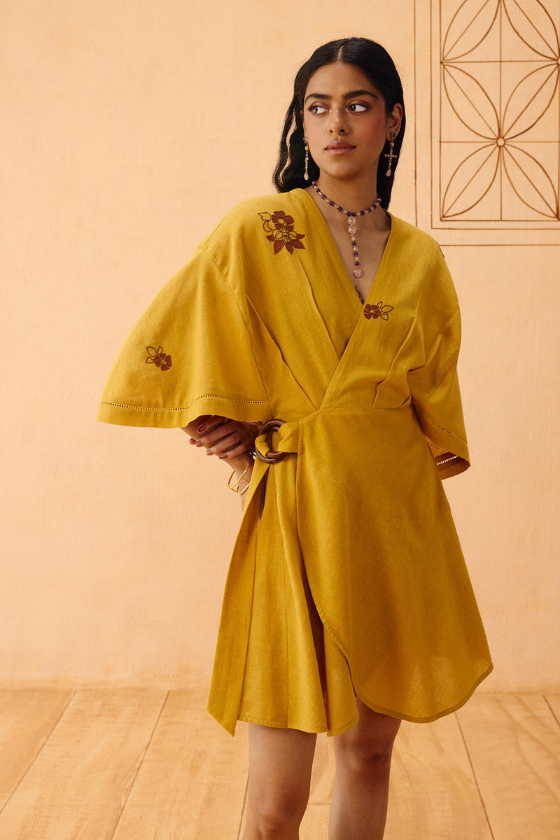 Glowing Garden Handspun Handwoven Organic Cotton Wrap Dress organic cotton dress by SUI in mustard for women in Singapore
