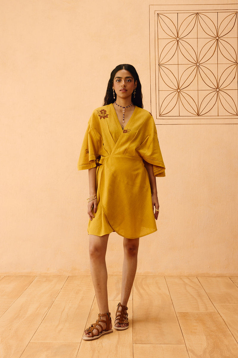 Glowing Garden Handspun Handwoven Organic Cotton Wrap Dress organic cotton dress by SUI in mustard for women in Singapore