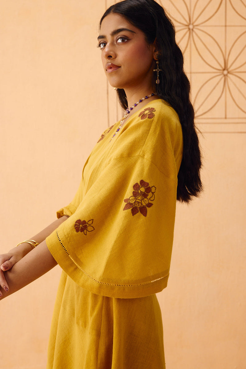 Glowing Garden Handspun Handwoven Organic Cotton Wrap Dress organic cotton dress by SUI in mustard for women in Singapore
