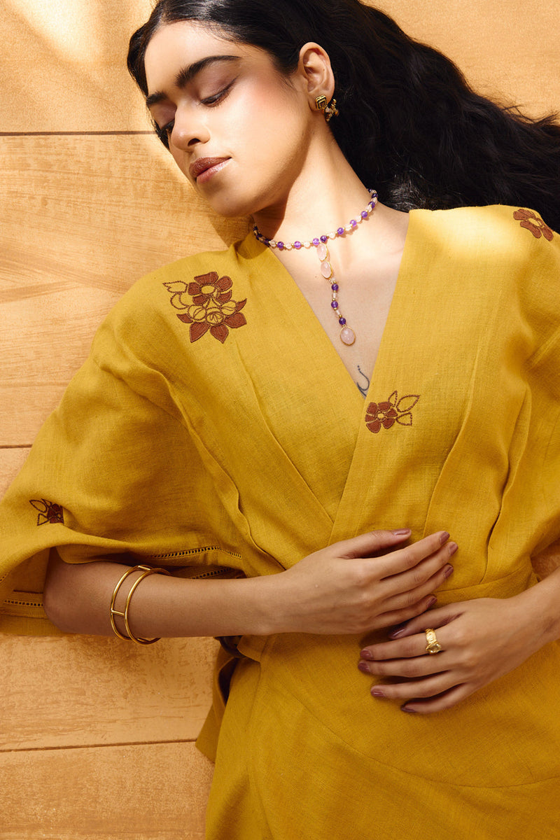 Glowing Garden Handspun Handwoven Organic Cotton Wrap Dress organic cotton dress by SUI in mustard for women in Singapore