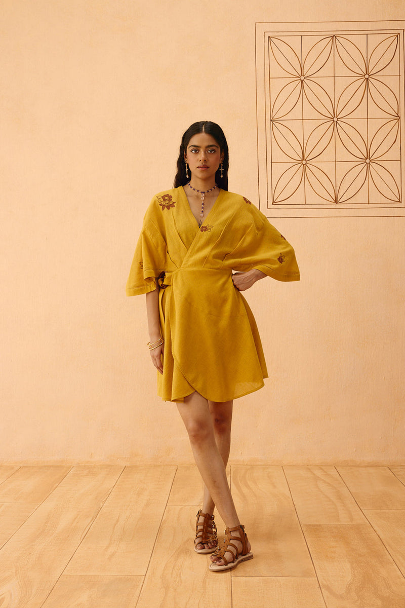 Glowing Garden Handspun Handwoven Organic Cotton Wrap Dress organic cotton dress by SUI in mustard for women in Singapore
