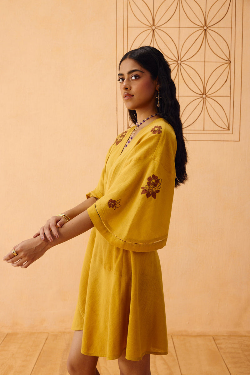 Glowing Garden Handspun Handwoven Organic Cotton Wrap Dress organic cotton dress by SUI in mustard for women in Singapore