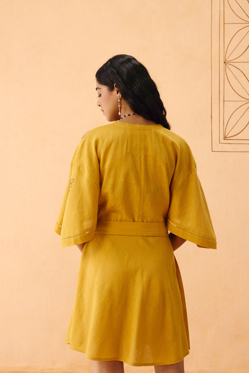Glowing Garden Handspun Handwoven Organic Cotton Wrap Dress organic cotton dress by SUI in mustard for women in Singapore