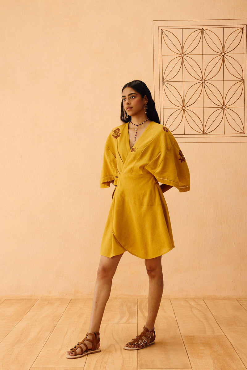 Glowing Garden Handspun Handwoven Organic Cotton Wrap Dress organic cotton dress by SUI in mustard for women in Singapore