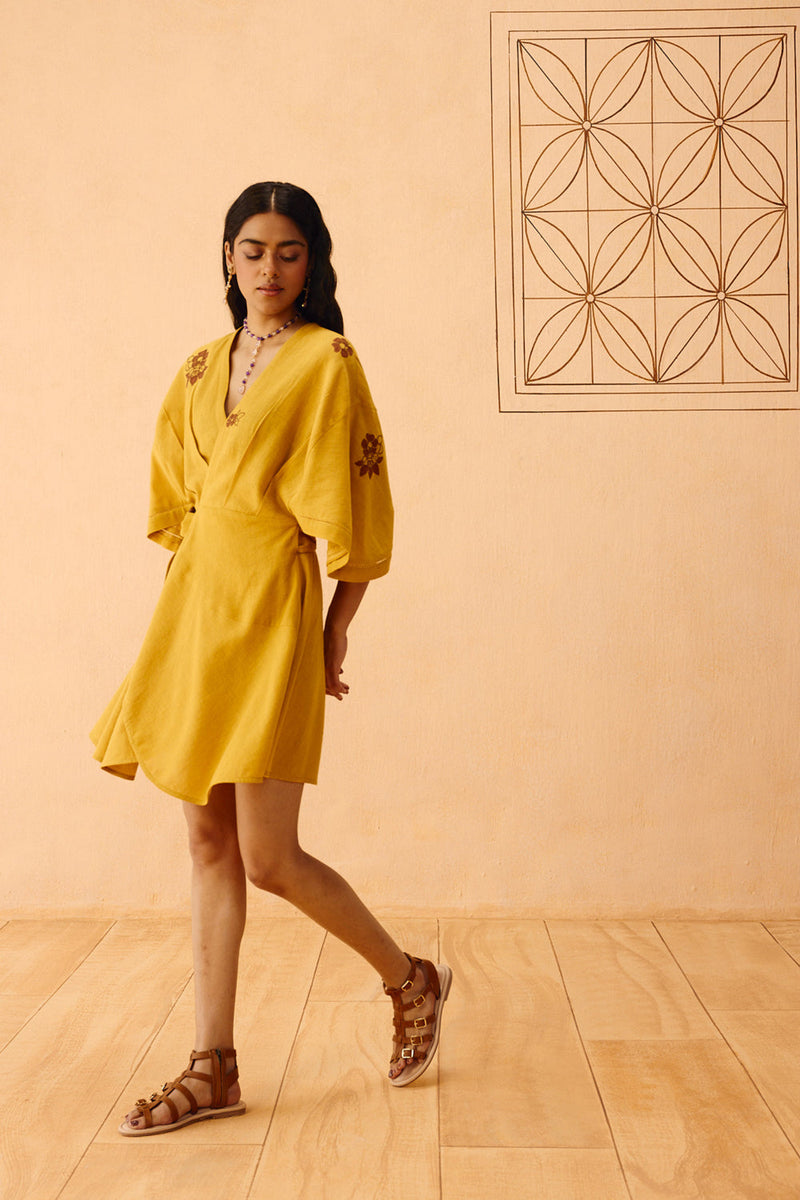 Glowing Garden Handspun Handwoven Organic Cotton Wrap Dress organic cotton dress by SUI in mustard for women in Singapore