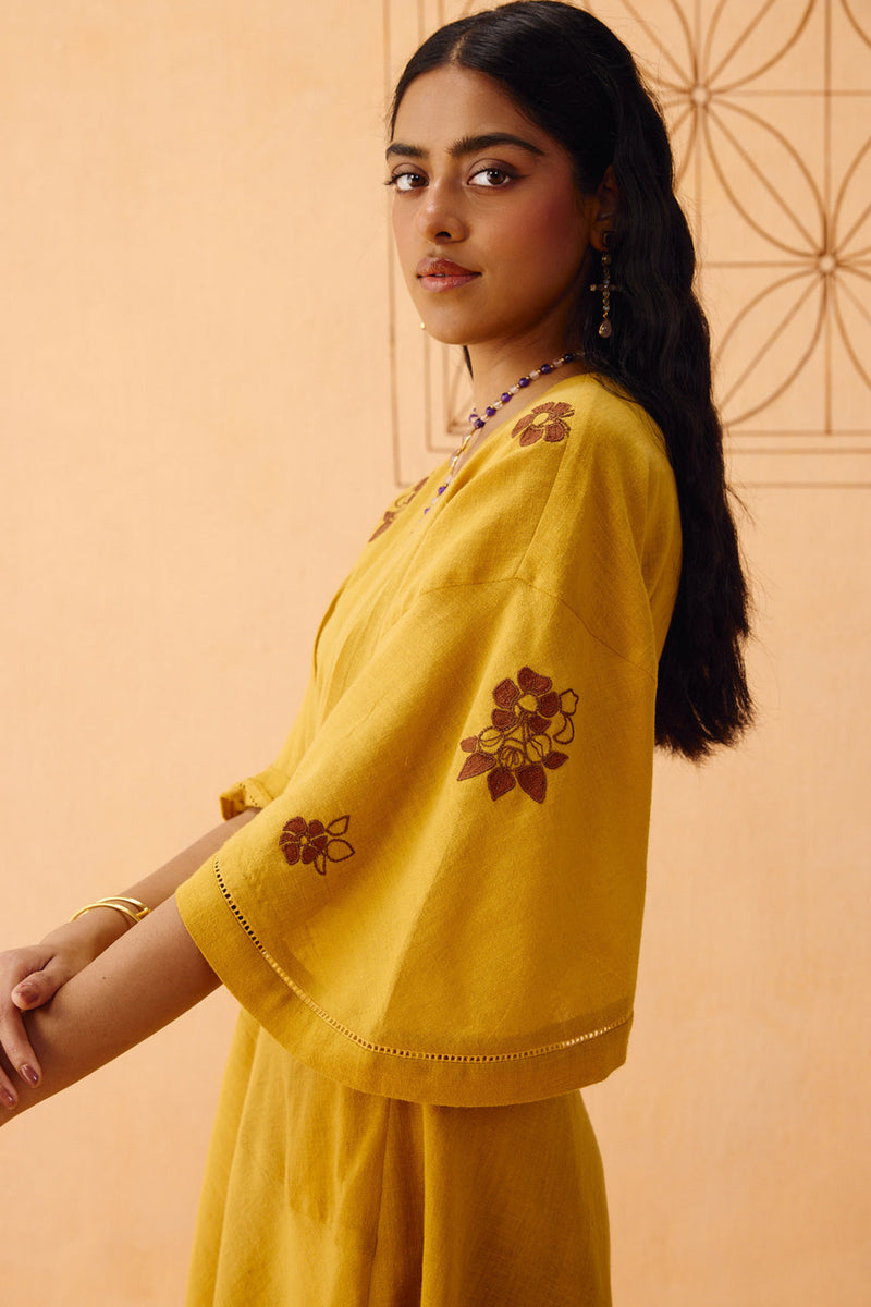 Glowing Garden Handspun Handwoven Organic Cotton Wrap Dress organic cotton dress by SUI in mustard for women in Singapore