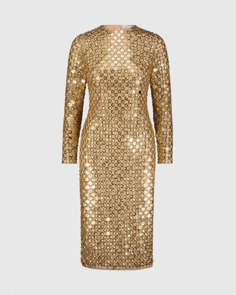 Gold Beaded Georgette Long Sleeve Fitted Midi Dress by Mac Duggal in gold color for women in Singapore