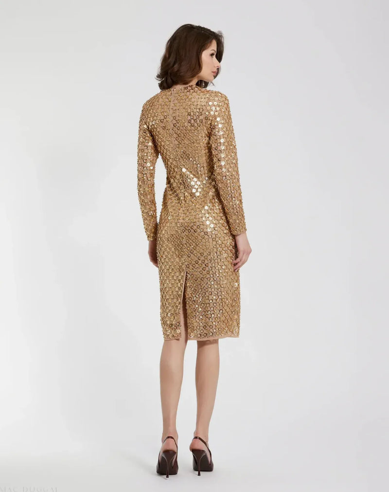 Gold Beaded Georgette Long Sleeve Fitted Midi Dress by Mac Duggal in gold color for women in Singapore