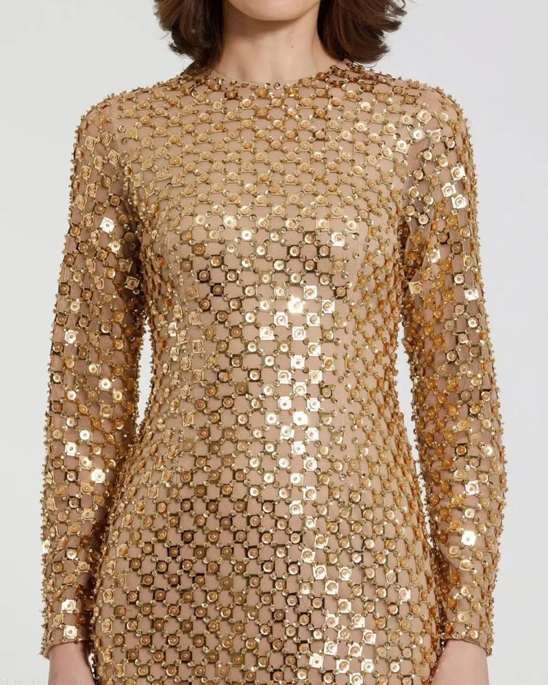 Gold Beaded Georgette Long Sleeve Fitted Midi Dress by Mac Duggal in gold color for women in Singapore
