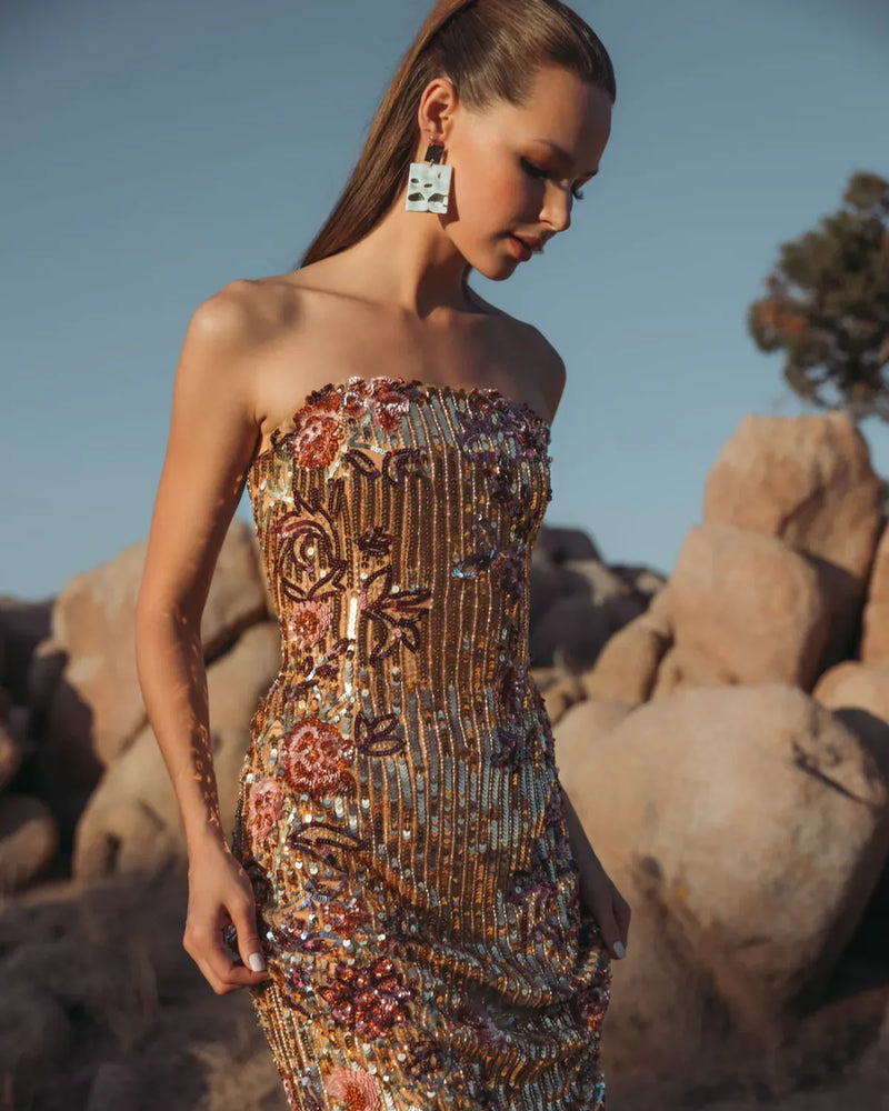 Gold Floral Embellished Strapless Column Dress mul by Mac Duggal in multi color for women in Singapore