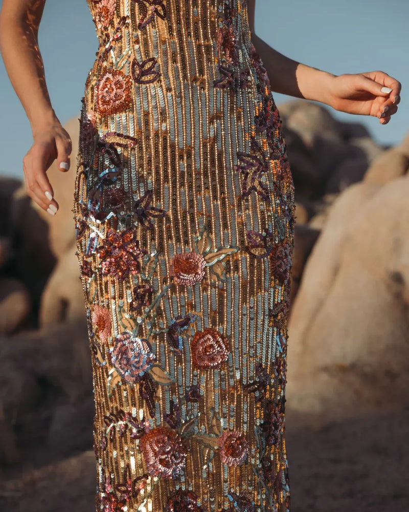 Gold Floral Embellished Strapless Column Dress mul by Mac Duggal in multi color for women in Singapore