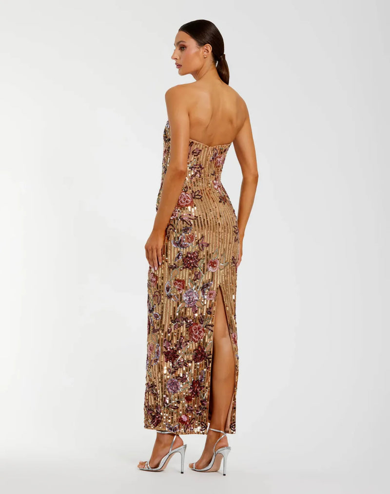 Gold Floral Embellished Strapless Column Dress mul by Mac Duggal in multi color for women in Singapore