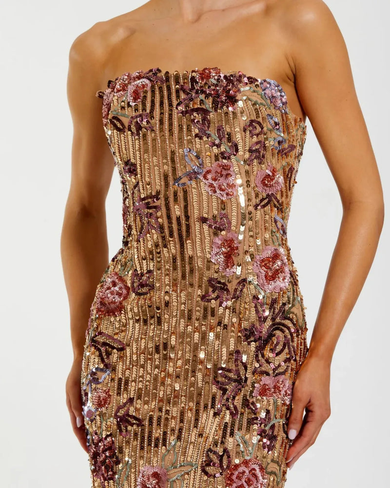 Gold Floral Embellished Strapless Column Dress mul by Mac Duggal in multi color for women in Singapore