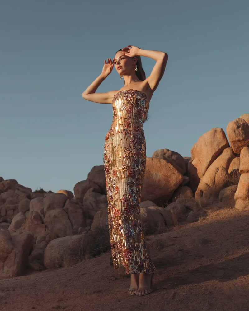 Gold Floral Embellished Strapless Column Dress mul by Mac Duggal in multi color for women in Singapore