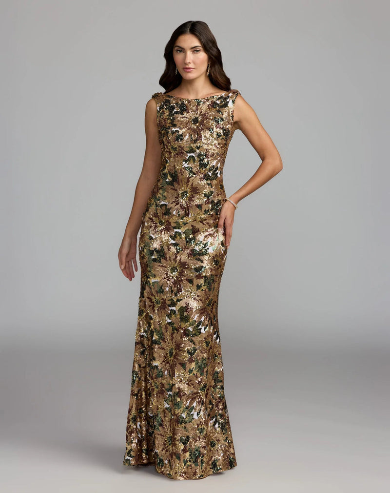 21392-Gold Floral Sequin Cowl Back Trumpet Gown polyester evening-gowns by Mac Duggal in multi-color for women in Singapore