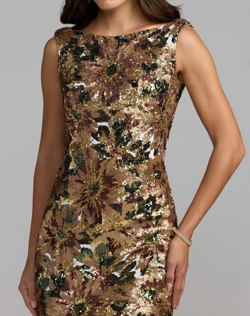 21392-Gold Floral Sequin Cowl Back Trumpet Gown polyester evening-gowns by Mac Duggal in multi-color for women in Singapore
