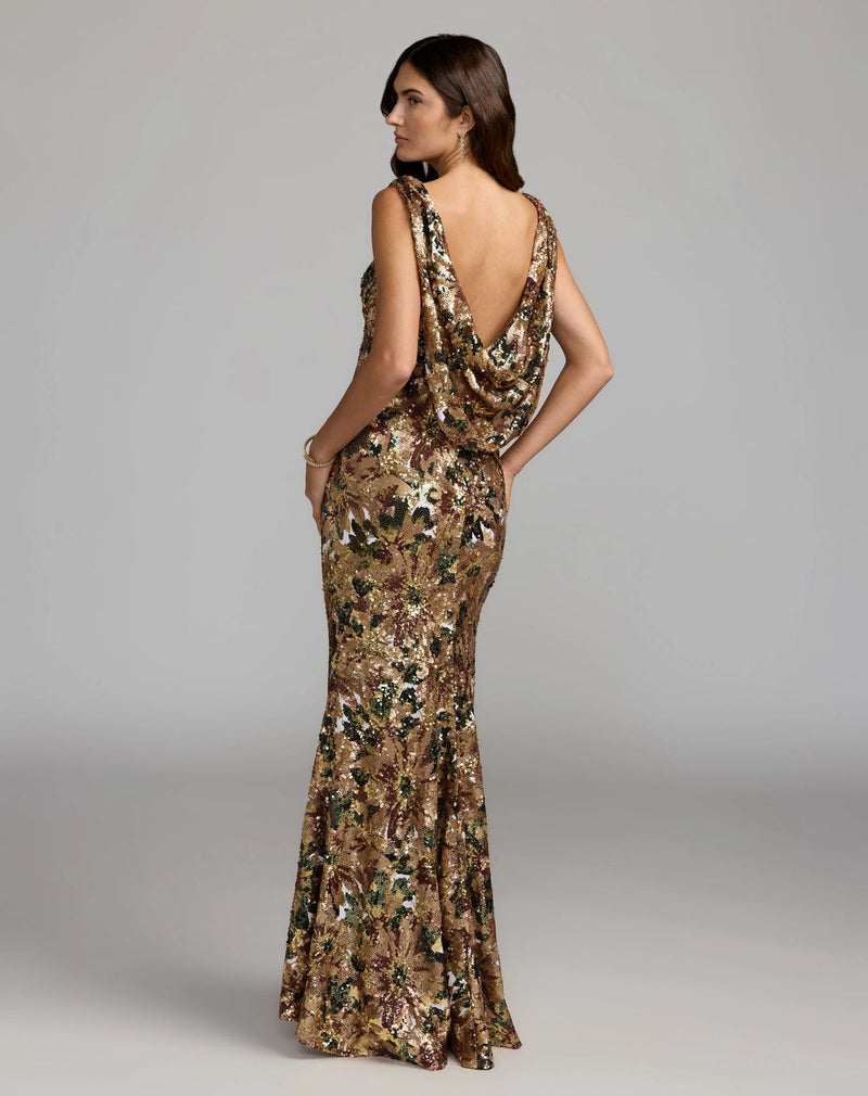 21392-Gold Floral Sequin Cowl Back Trumpet Gown polyester evening-gowns by Mac Duggal in multi-color for women in Singapore
