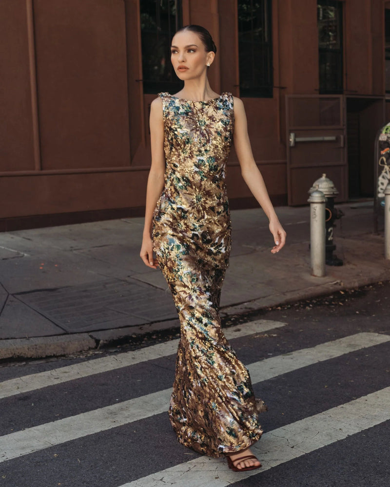 21392-Gold Floral Sequin Cowl Back Trumpet Gown polyester evening-gowns by Mac Duggal in multi-color for women in Singapore