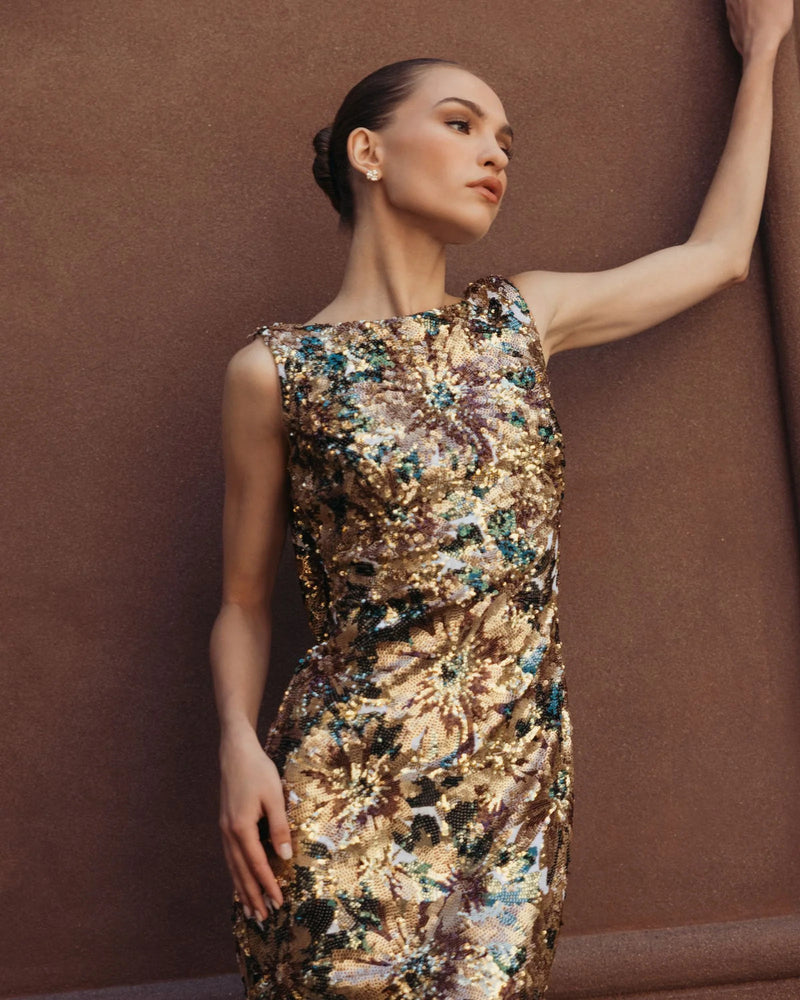 21392-Gold Floral Sequin Cowl Back Trumpet Gown polyester evening-gowns by Mac Duggal in multi-color for women in Singapore