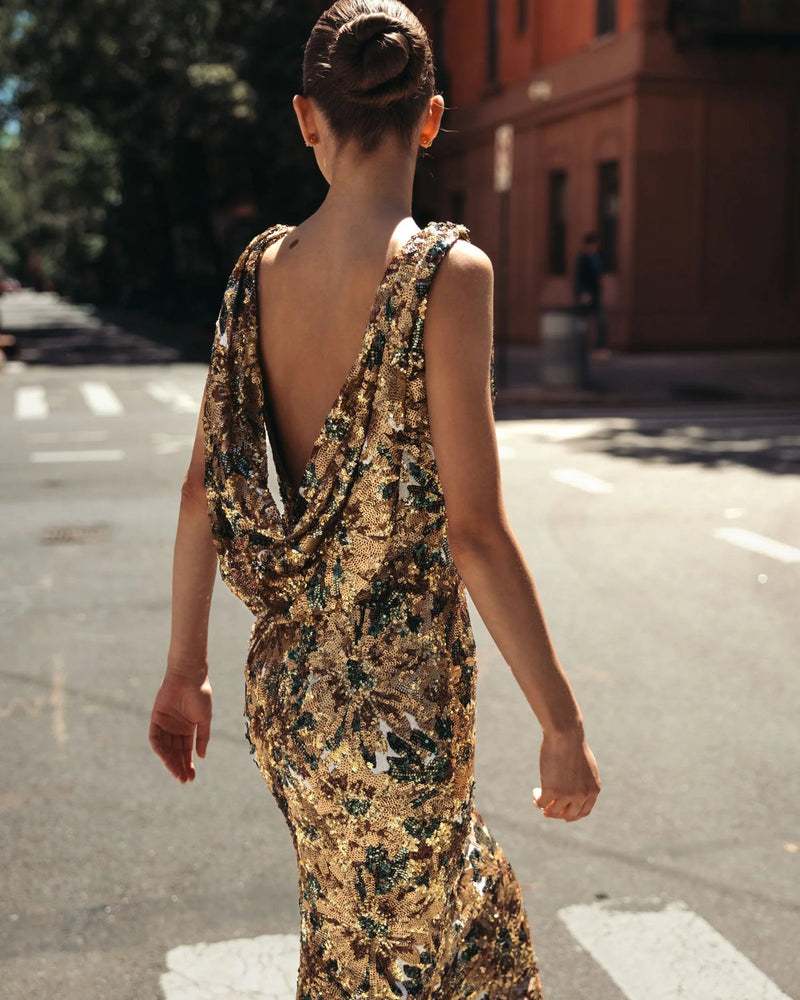 21392-Gold Floral Sequin Cowl Back Trumpet Gown polyester evening-gowns by Mac Duggal in multi-color for women in Singapore