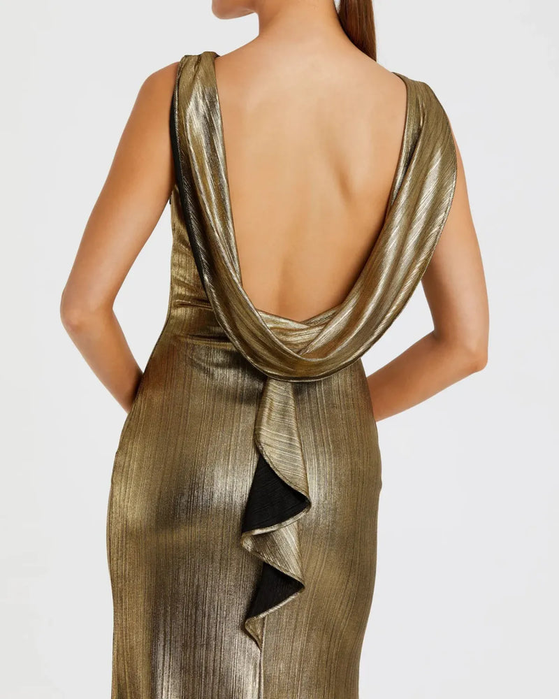 Gold Metallic Jersey Cowl Back Column Gown by Mac Duggal in gold color for women in Singapore
