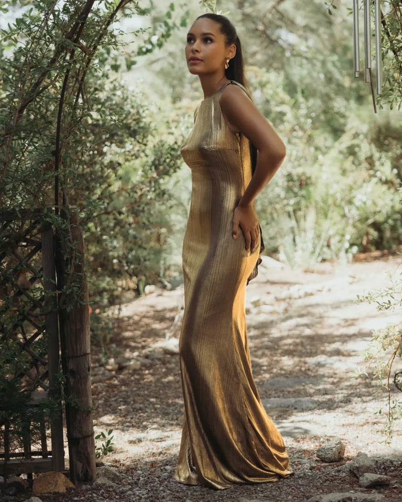 Gold Metallic Jersey Cowl Back Column Gown by Mac Duggal in gold color for women in Singapore
