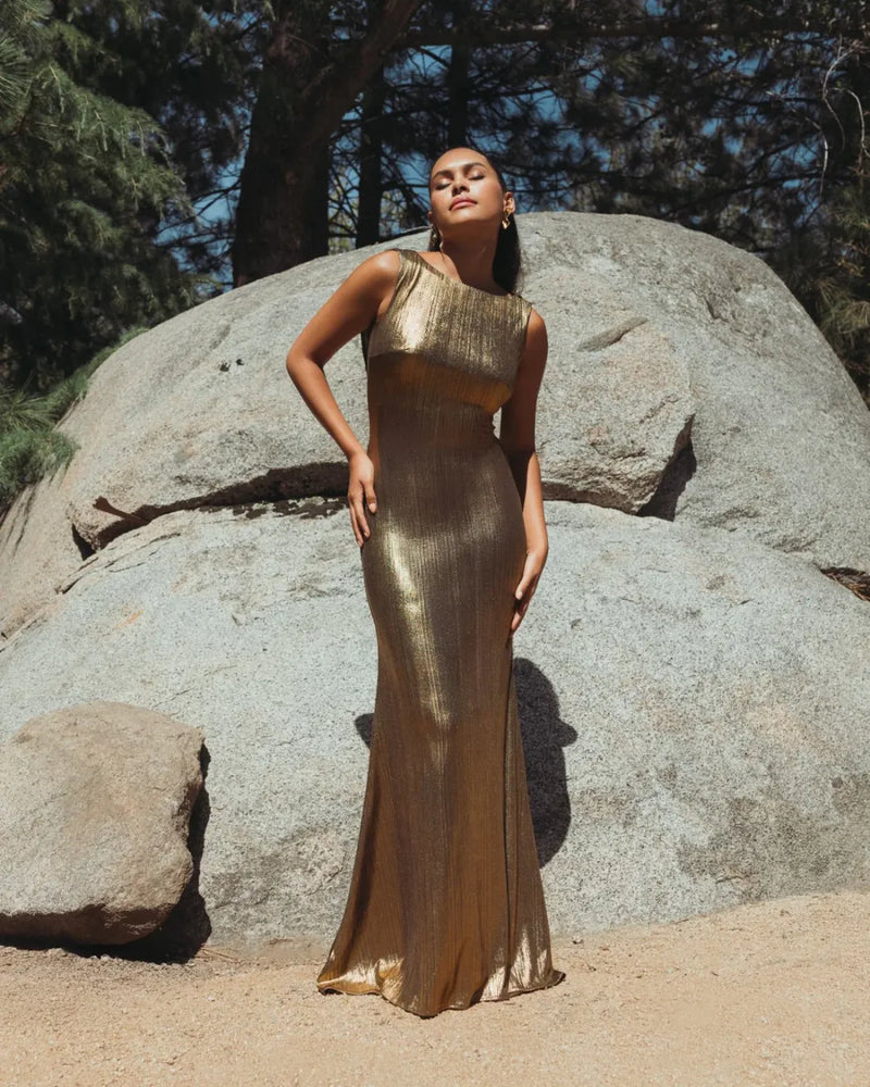 Gold Metallic Jersey Cowl Back Column Gown by Mac Duggal in gold color for women in Singapore