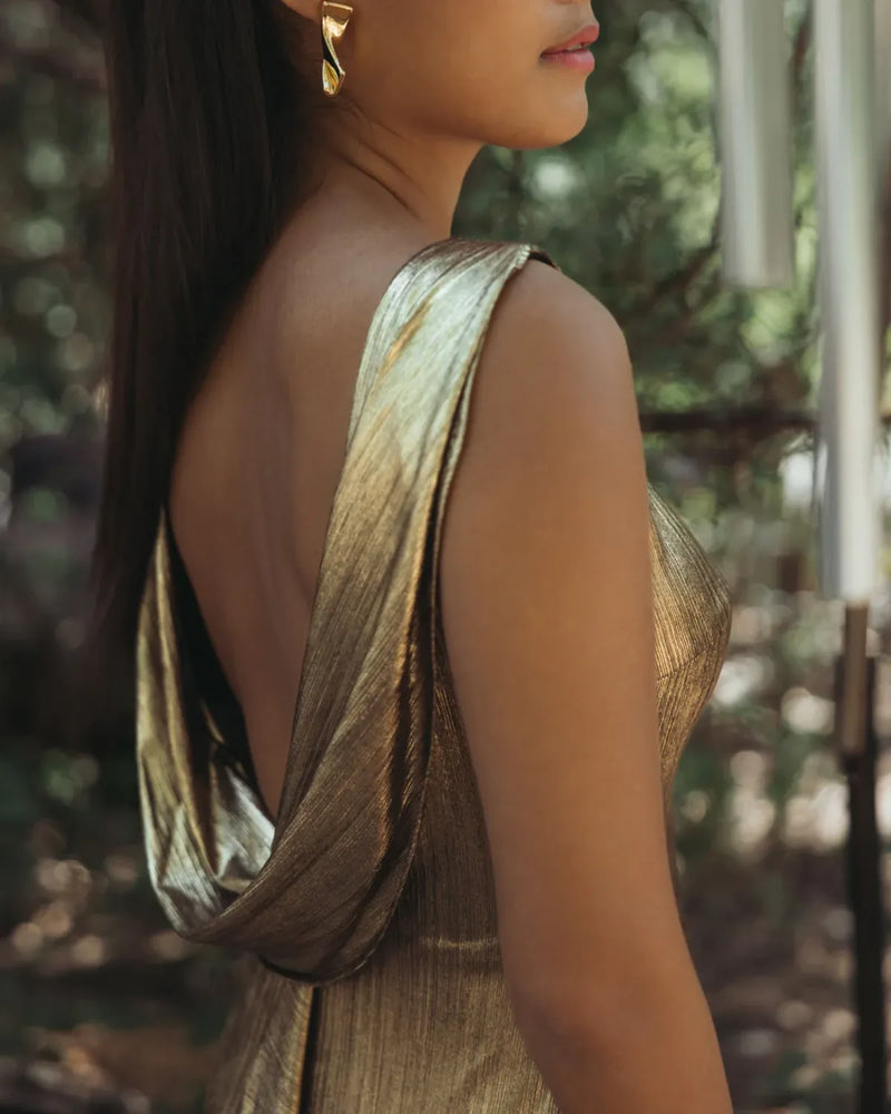 Gold Metallic Jersey Cowl Back Column Gown by Mac Duggal in gold color for women in Singapore