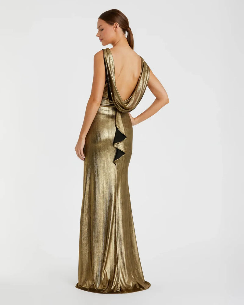 Gold Metallic Jersey Cowl Back Column Gown by Mac Duggal in gold color for women in Singapore