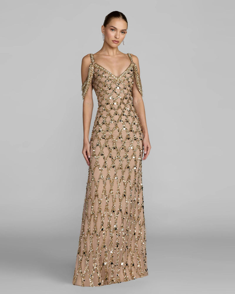 10139-Gold Sequin Embellished V-Neck Gown polyester evening-gowns by Mac Duggal in yellow for women in Singapore
