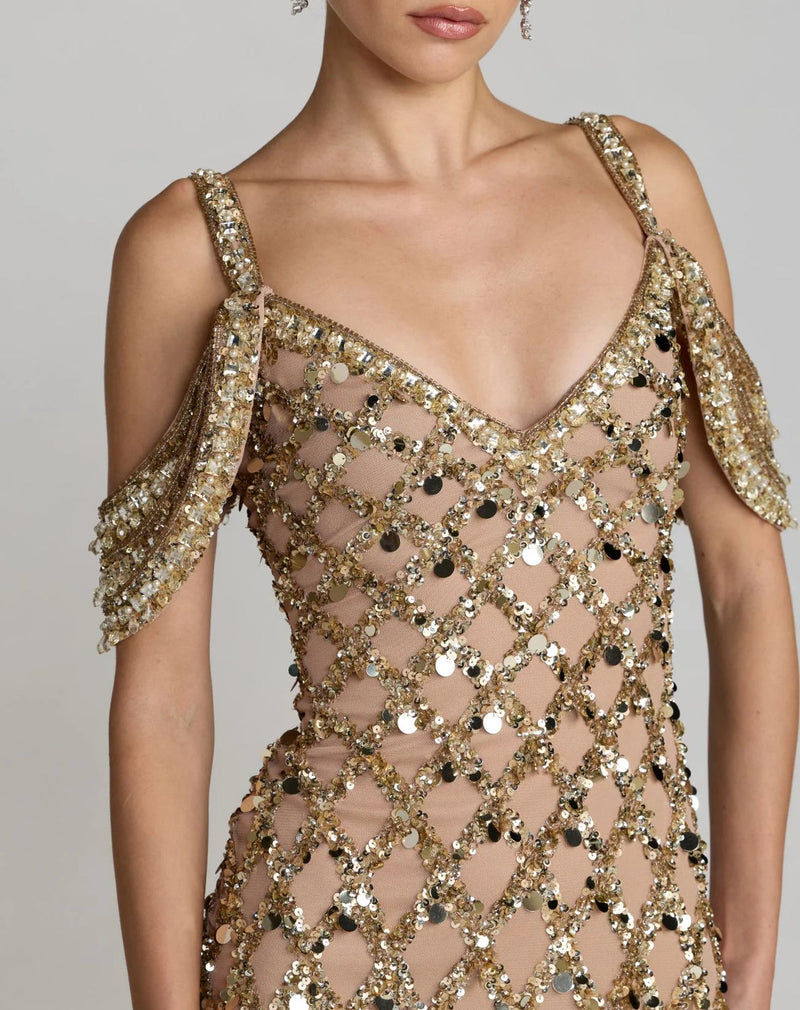 10139-Gold Sequin Embellished V-Neck Gown polyester evening-gowns by Mac Duggal in yellow for women in Singapore