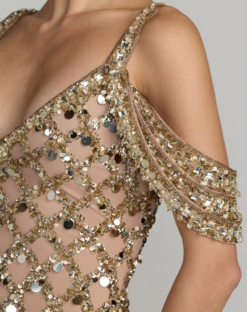 10139-Gold Sequin Embellished V-Neck Gown polyester evening-gowns by Mac Duggal in yellow for women in Singapore