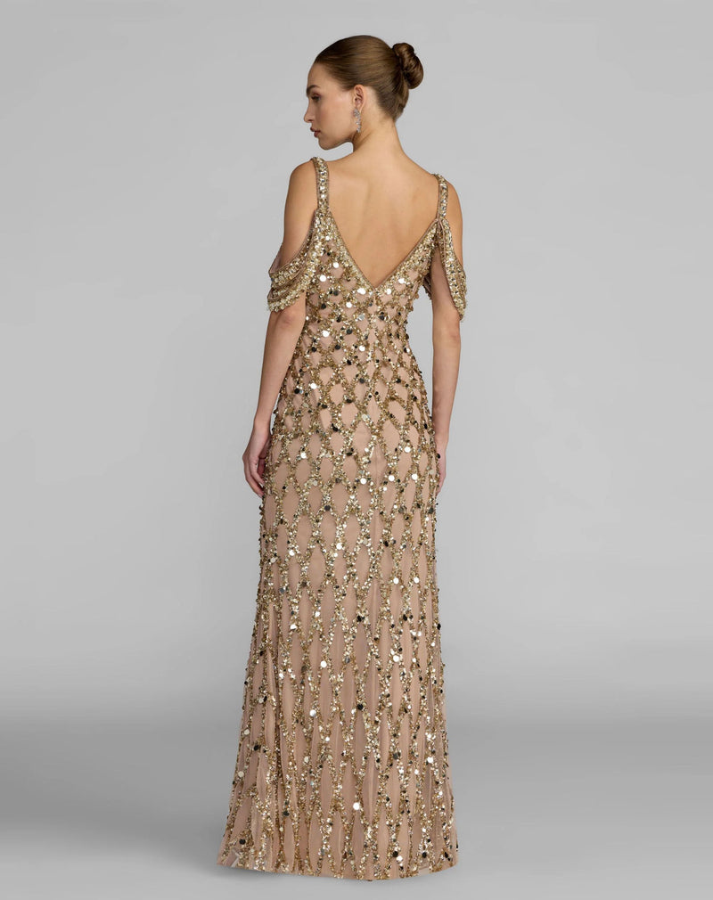10139-Gold Sequin Embellished V-Neck Gown polyester evening-gowns by Mac Duggal in yellow for women in Singapore