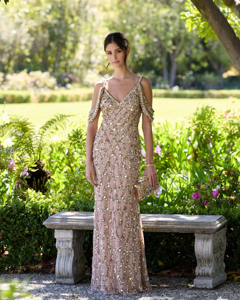 10139-Gold Sequin Embellished V-Neck Gown polyester evening-gowns by Mac Duggal in yellow for women in Singapore