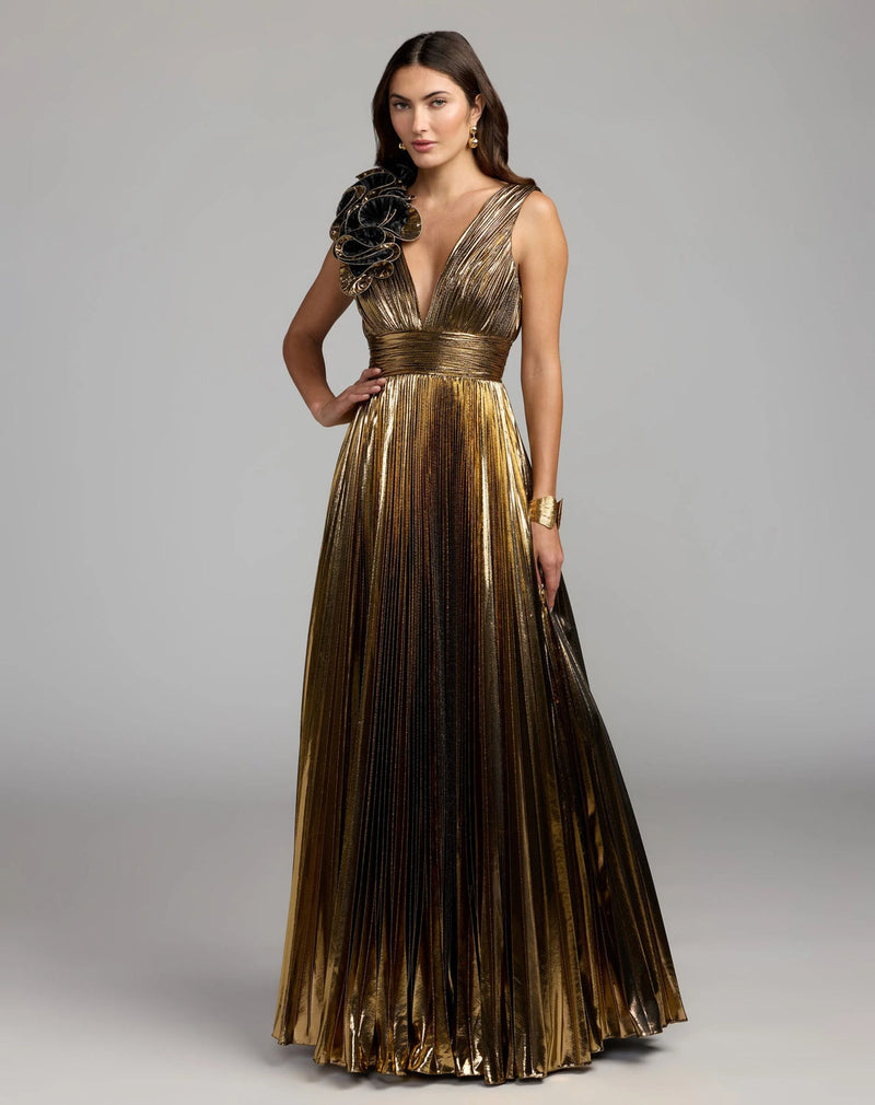 50212-Gold Sleeveless Metallic V-Neck Gown With Ruffle Detail polyester evening-gowns by Mac Duggal in yellow for women in Singapore