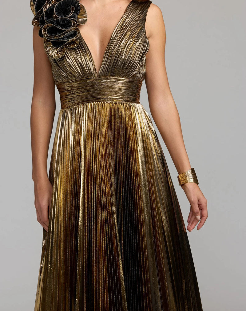 50212-Gold Sleeveless Metallic V-Neck Gown With Ruffle Detail polyester evening-gowns by Mac Duggal in yellow for women in Singapore