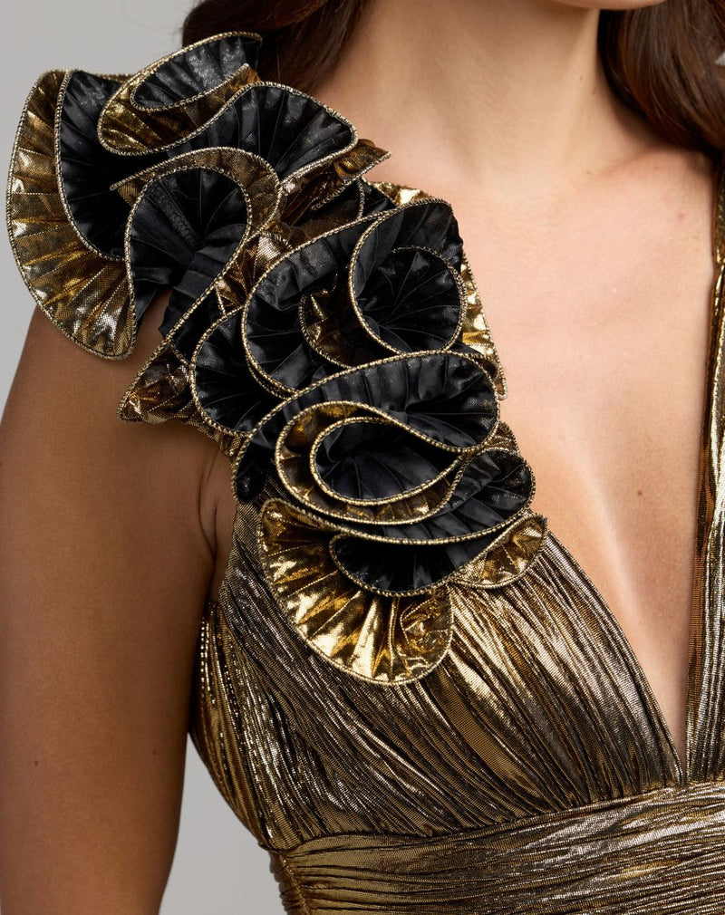 50212-Gold Sleeveless Metallic V-Neck Gown With Ruffle Detail polyester evening-gowns by Mac Duggal in yellow for women in Singapore