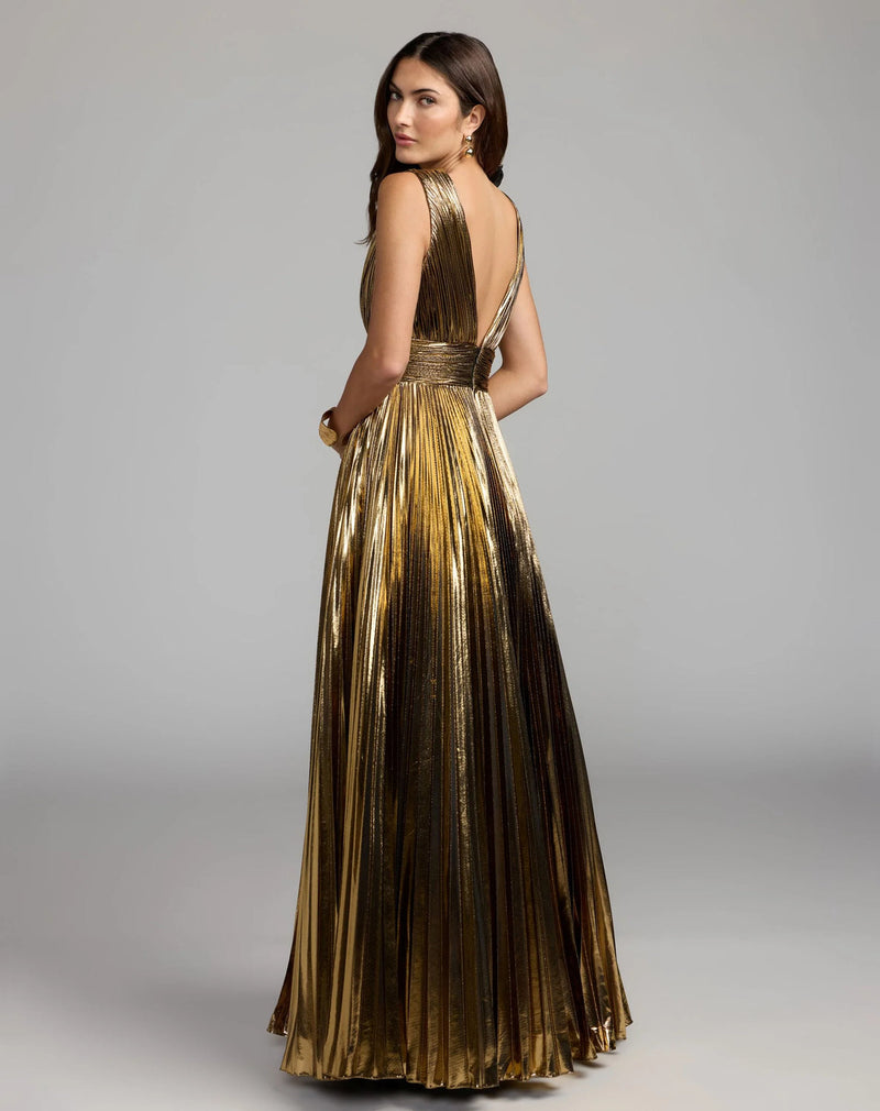 50212-Gold Sleeveless Metallic V-Neck Gown With Ruffle Detail polyester evening-gowns by Mac Duggal in yellow for women in Singapore