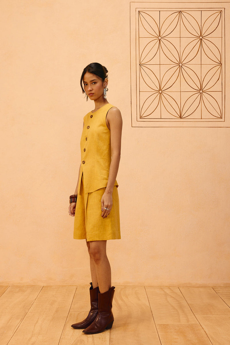 Golden Daydream Linen Waistcoat linen jacket/overlay by SUI in mustard for women in Singapore