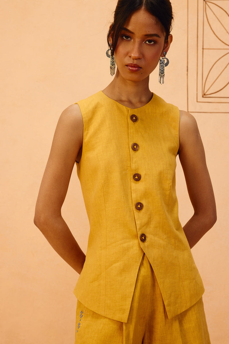 Golden Daydream Linen Waistcoat linen jacket/overlay by SUI in mustard for women in Singapore