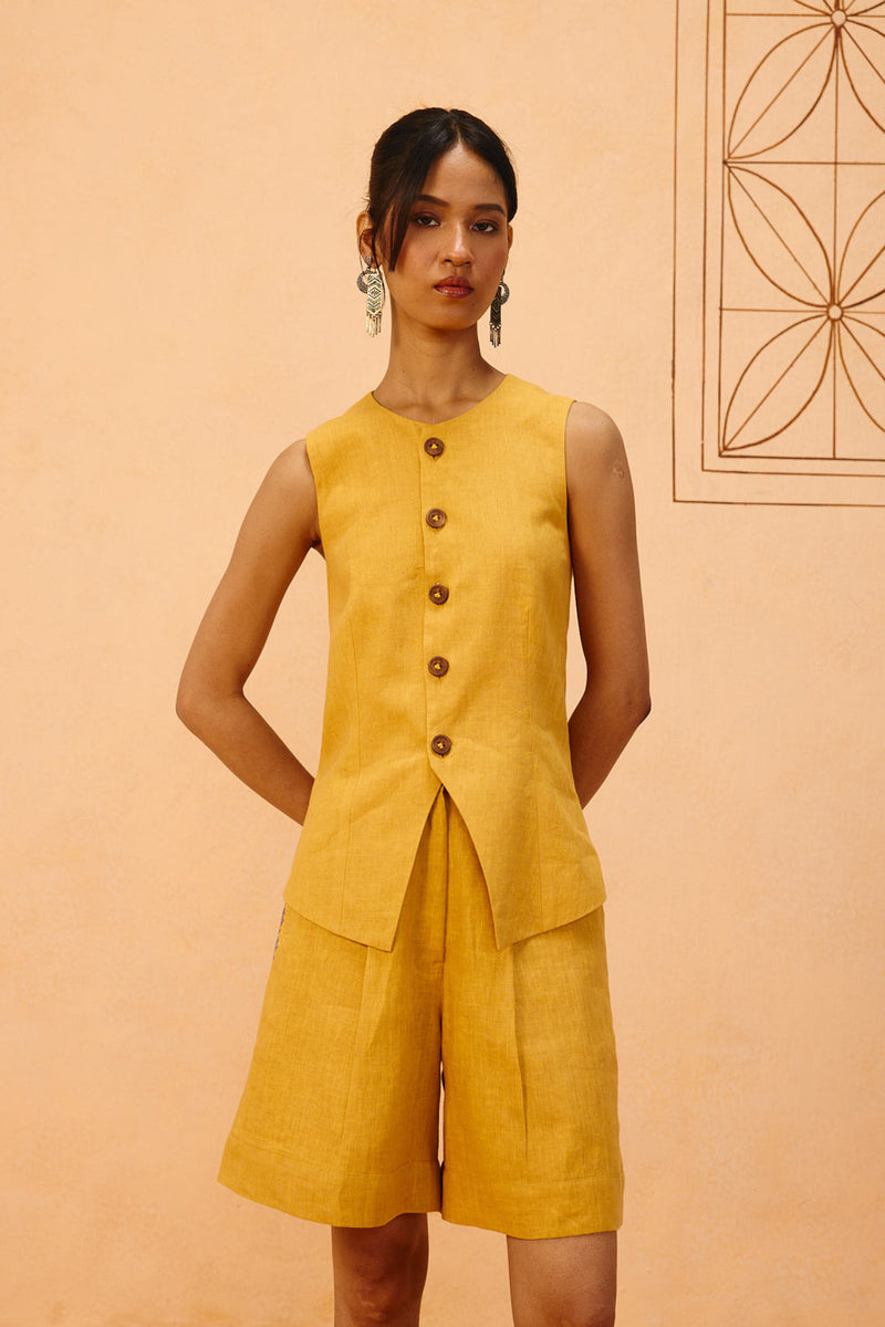Golden Daydream Linen Waistcoat linen jacket/overlay by SUI in mustard for women in Singapore