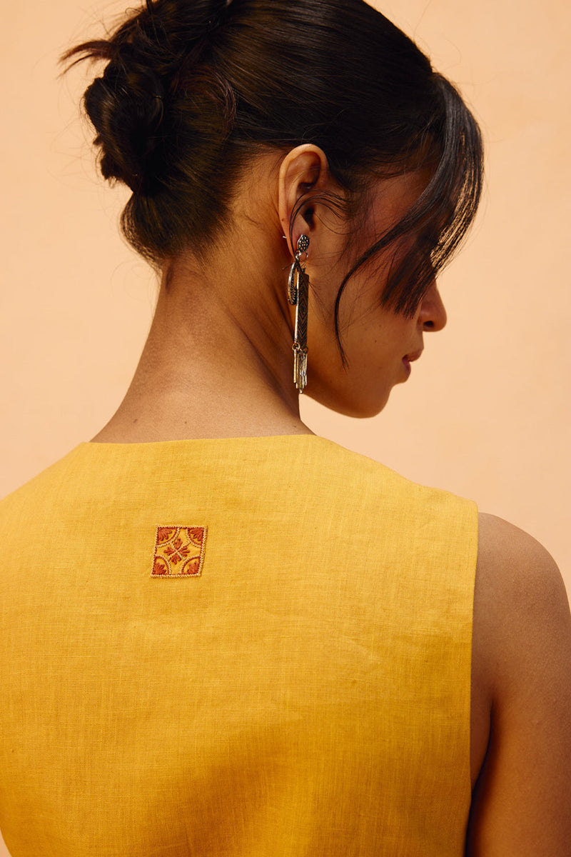 Golden Daydream Linen Waistcoat linen jacket/overlay by SUI in mustard for women in Singapore
